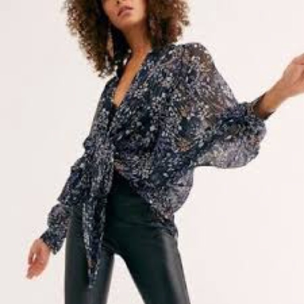Free People Navy Floral Sheer Blouse